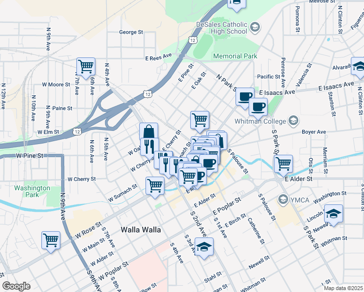 map of restaurants, bars, coffee shops, grocery stores, and more near 105 East Sumach Street in Walla Walla