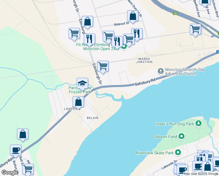 map of restaurants, bars, coffee shops, grocery stores, and more near 320 Salisbury Road in Moncton