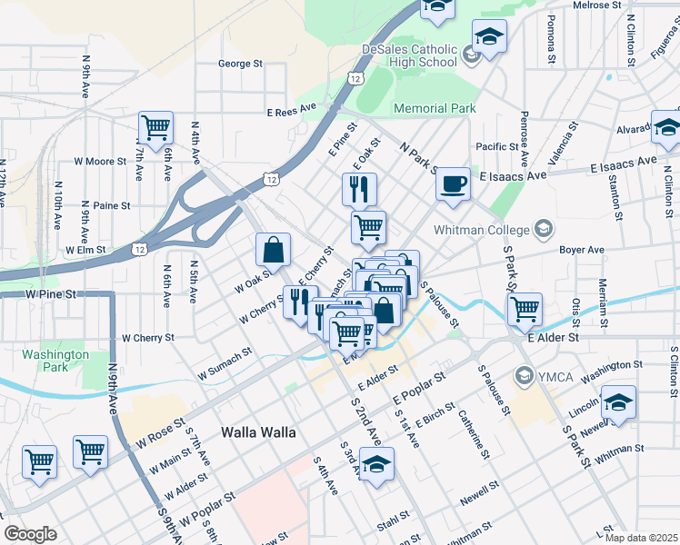 map of restaurants, bars, coffee shops, grocery stores, and more near 105 East Sumach Street in Walla Walla