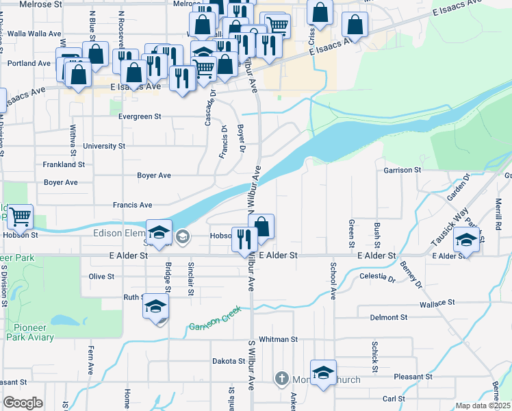 map of restaurants, bars, coffee shops, grocery stores, and more near 135 South Wilbur Avenue in Walla Walla
