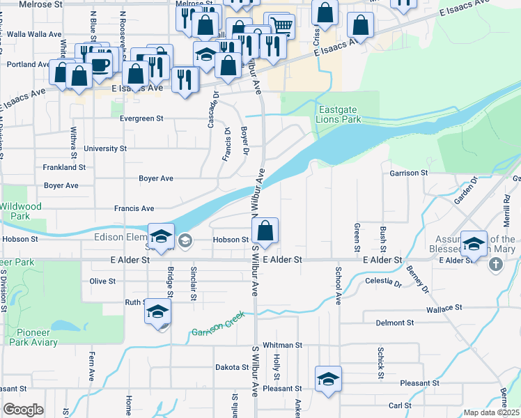 map of restaurants, bars, coffee shops, grocery stores, and more near 135 South Wilbur Avenue in Walla Walla