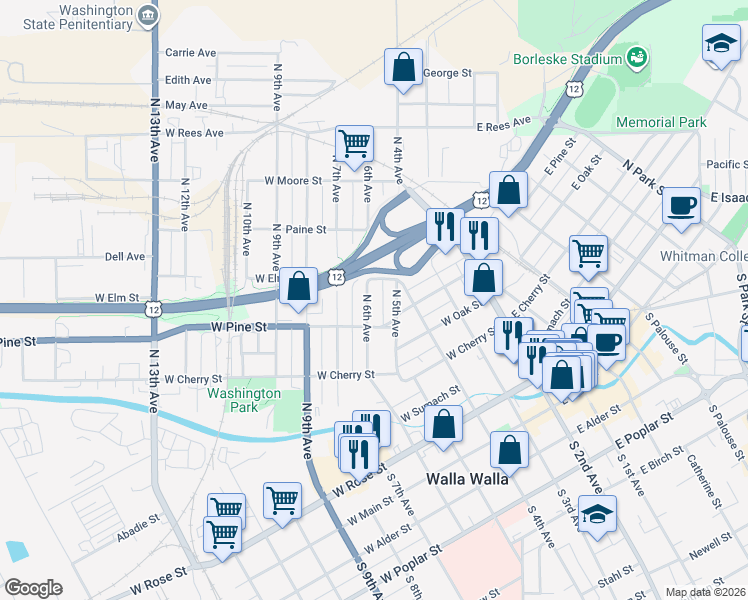 map of restaurants, bars, coffee shops, grocery stores, and more near 514 North 6th Avenue in Walla Walla