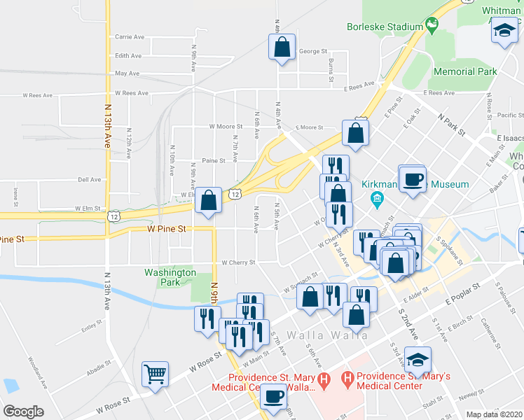 map of restaurants, bars, coffee shops, grocery stores, and more near 514 North 6th Avenue in Walla Walla