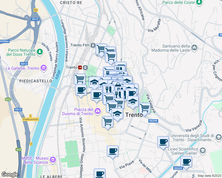map of restaurants, bars, coffee shops, grocery stores, and more near 57 Via Giannantonio Manci in Trento