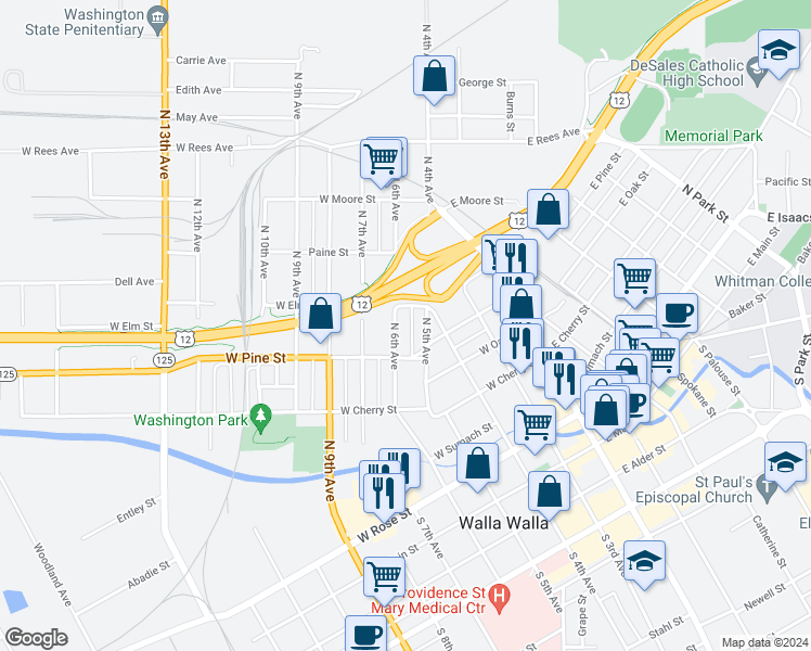 map of restaurants, bars, coffee shops, grocery stores, and more near 514 North 6th Avenue in Walla Walla