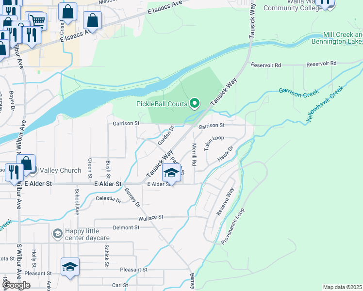 map of restaurants, bars, coffee shops, grocery stores, and more near 171 Tausick Way in Walla Walla
