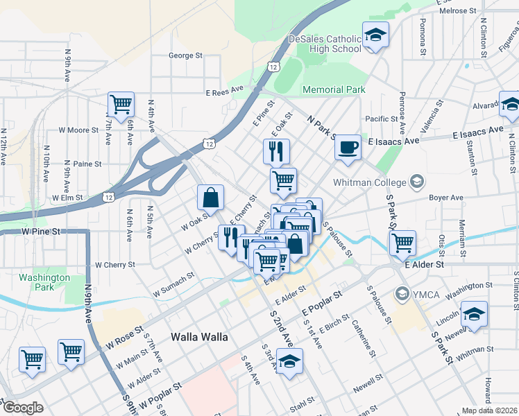 map of restaurants, bars, coffee shops, grocery stores, and more near 105 East Sumach Street in Walla Walla