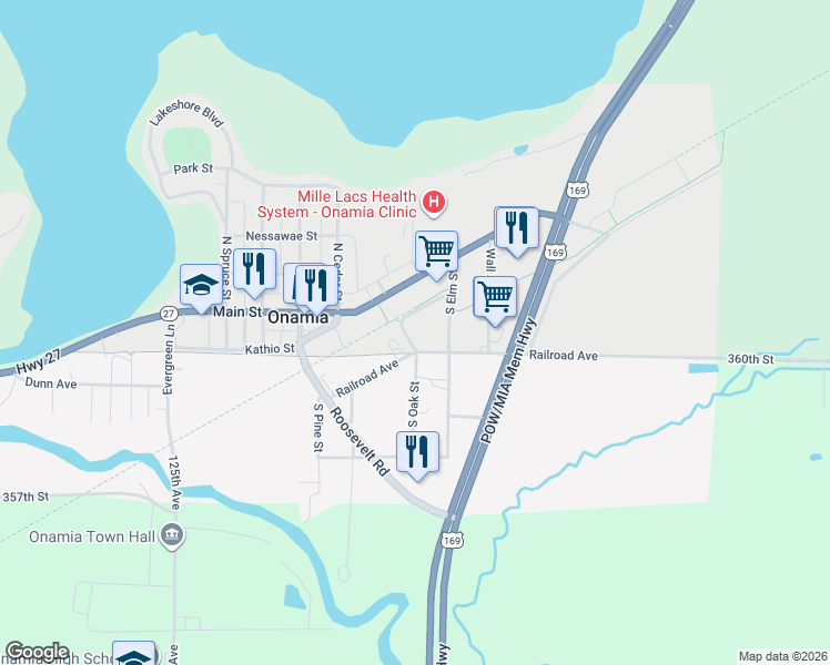 map of restaurants, bars, coffee shops, grocery stores, and more near 204 Railroad Avenue in Onamia