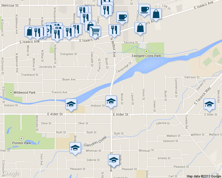 map of restaurants, bars, coffee shops, grocery stores, and more near 150 South Wilbur Avenue in Walla Walla