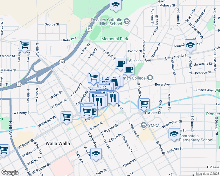 map of restaurants, bars, coffee shops, grocery stores, and more near 230 East Main Street in Walla Walla