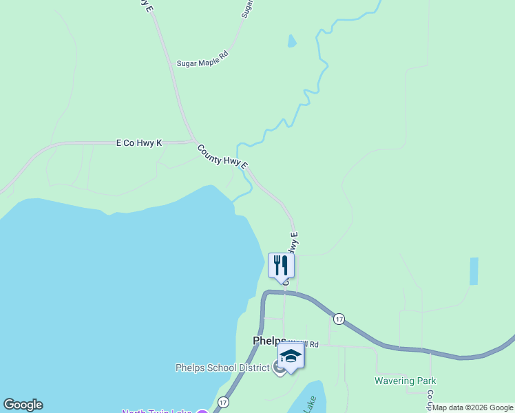 map of restaurants, bars, coffee shops, grocery stores, and more near 4563 CTH East in Phelps