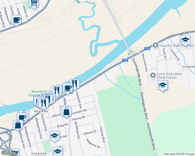 map of restaurants, bars, coffee shops, grocery stores, and more near 200 New Brunswick 114 in Riverview