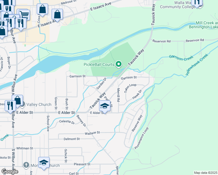 map of restaurants, bars, coffee shops, grocery stores, and more near 171 South Tausick Way in Walla Walla
