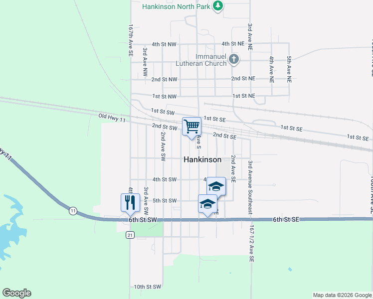 map of restaurants, bars, coffee shops, grocery stores, and more near 150 2nd Street Southwest in Hankinson
