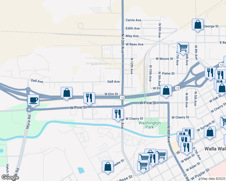 map of restaurants, bars, coffee shops, grocery stores, and more near 1117 Dell Avenue in Walla Walla