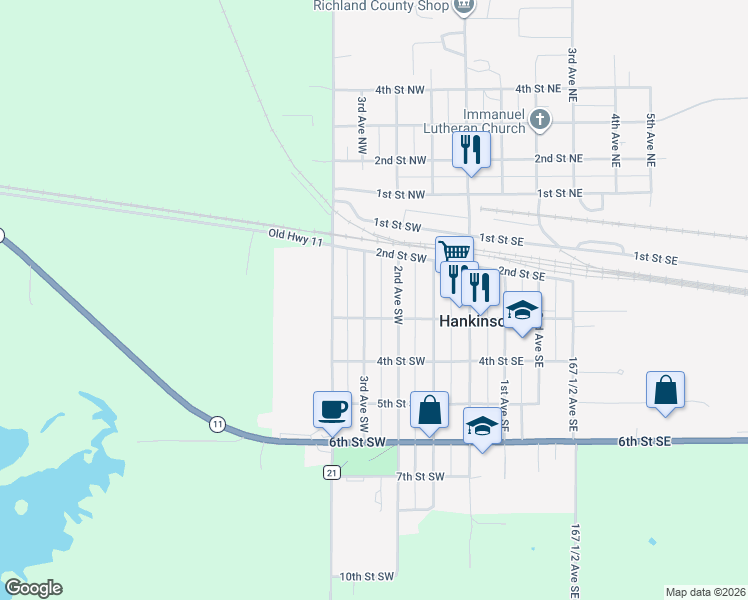 map of restaurants, bars, coffee shops, grocery stores, and more near 201-319 3rd Avenue Southwest in Hankinson