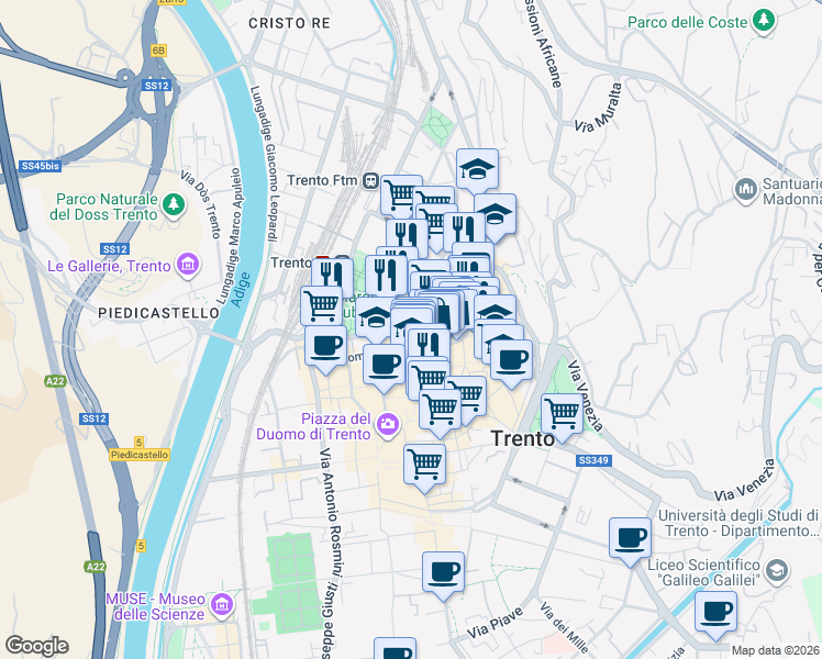 map of restaurants, bars, coffee shops, grocery stores, and more near 9 Via Torre Verde in Trento