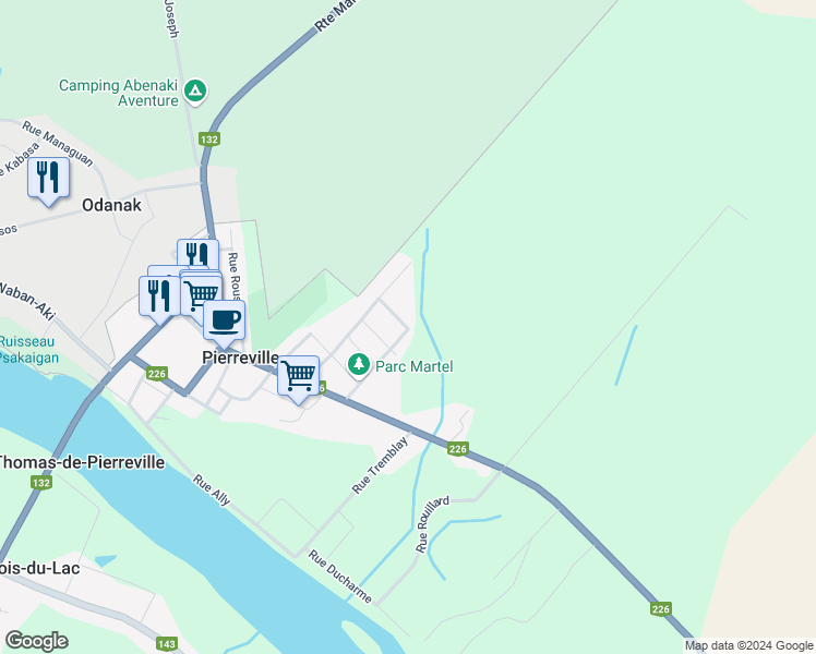 map of restaurants, bars, coffee shops, grocery stores, and more near Rue Monseigneur Courchesne in Pierreville