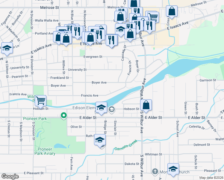 map of restaurants, bars, coffee shops, grocery stores, and more near 1433 Francis Avenue in Walla Walla