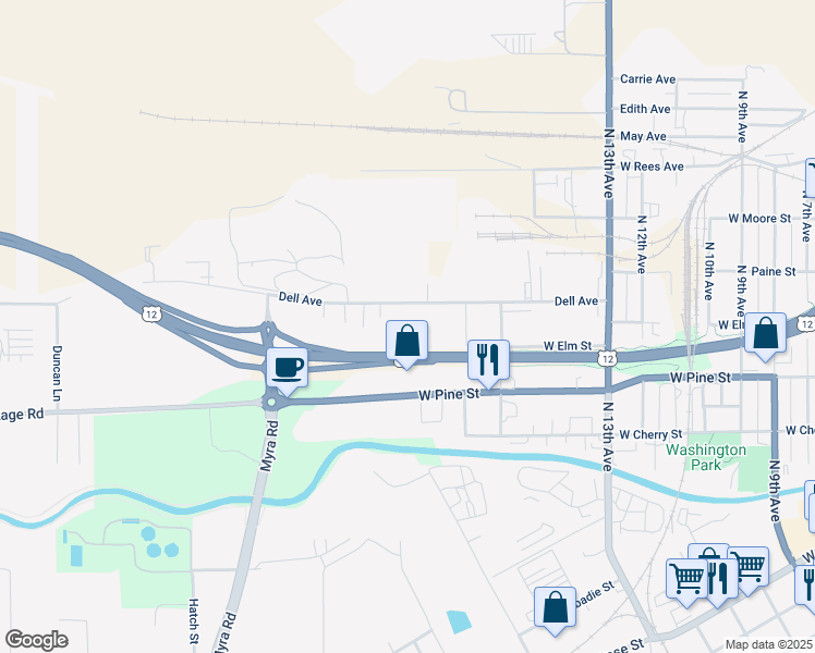 map of restaurants, bars, coffee shops, grocery stores, and more near 1509 Dell Avenue in Walla Walla