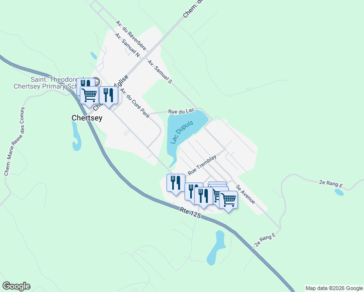 map of restaurants, bars, coffee shops, grocery stores, and more near 7380 2e Av in Chertsey