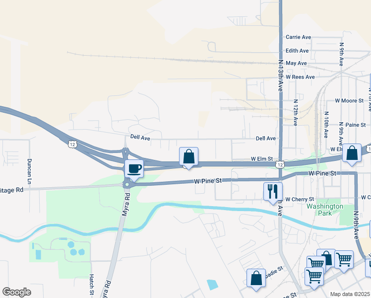map of restaurants, bars, coffee shops, grocery stores, and more near 1509 Dell Avenue in Walla Walla