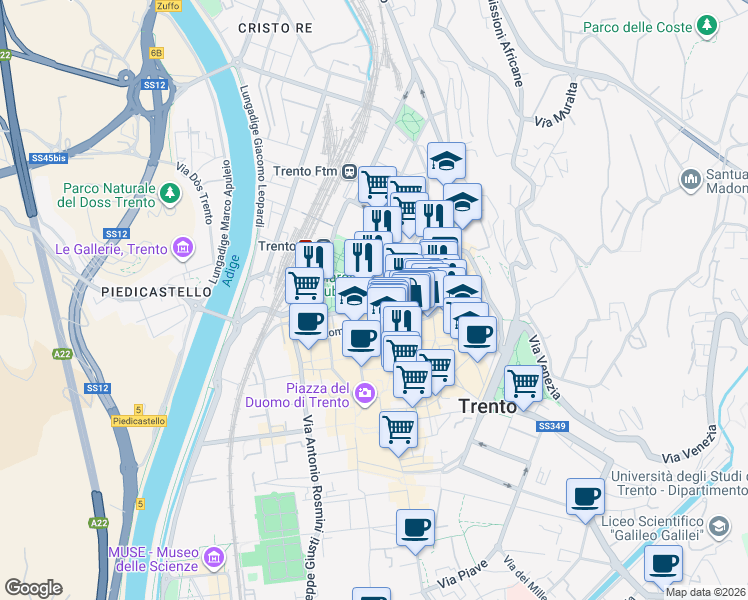 map of restaurants, bars, coffee shops, grocery stores, and more near 9 Via Torre Verde in Trento