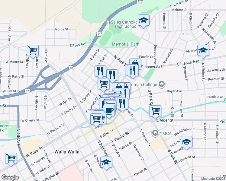 map of restaurants, bars, coffee shops, grocery stores, and more near 351 East Rose Street in Walla Walla