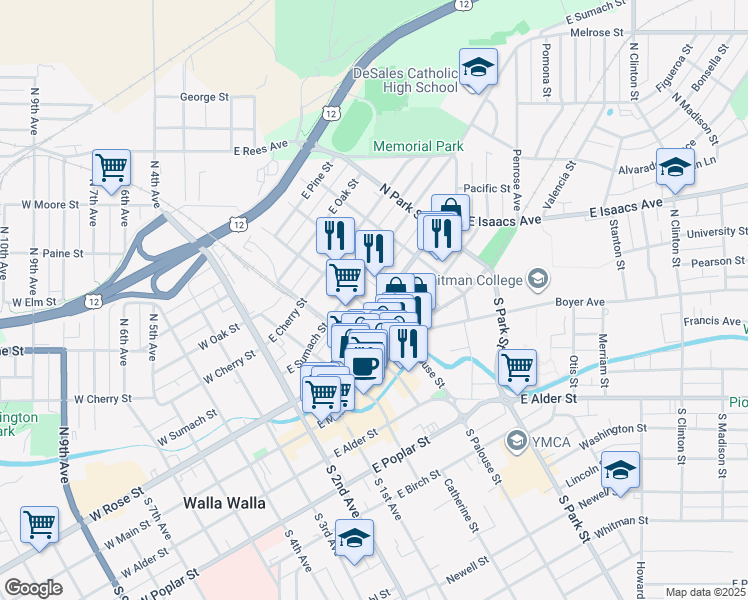 map of restaurants, bars, coffee shops, grocery stores, and more near 351 East Rose Street in Walla Walla