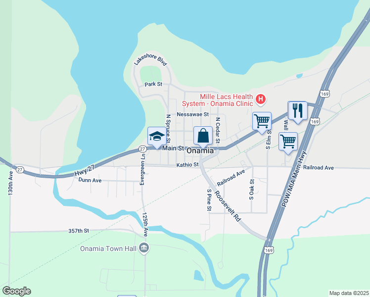 map of restaurants, bars, coffee shops, grocery stores, and more near Birch Street in Onamia