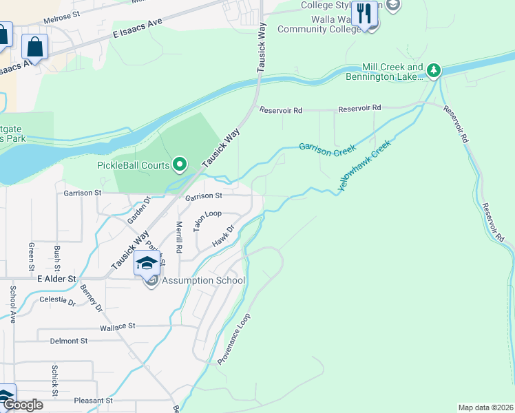 map of restaurants, bars, coffee shops, grocery stores, and more near 2354 Hawk Drive in Walla Walla
