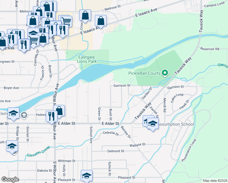map of restaurants, bars, coffee shops, grocery stores, and more near 115 Bush Street in Walla Walla