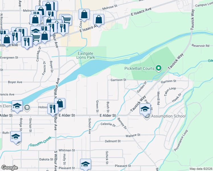 map of restaurants, bars, coffee shops, grocery stores, and more near 115 Bush Street in Walla Walla