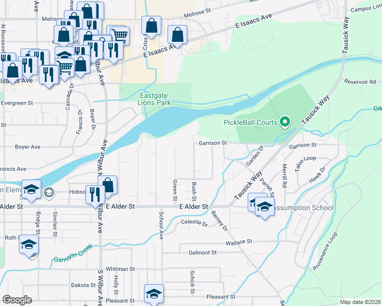 map of restaurants, bars, coffee shops, grocery stores, and more near 115 Bush Street in Walla Walla