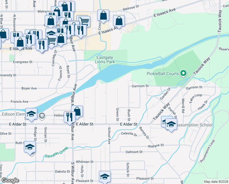 map of restaurants, bars, coffee shops, grocery stores, and more near 110 Green Street in Walla Walla
