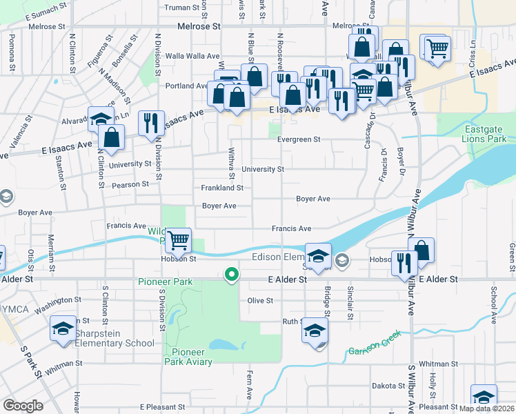 map of restaurants, bars, coffee shops, grocery stores, and more near 3 South Blue Street in Walla Walla
