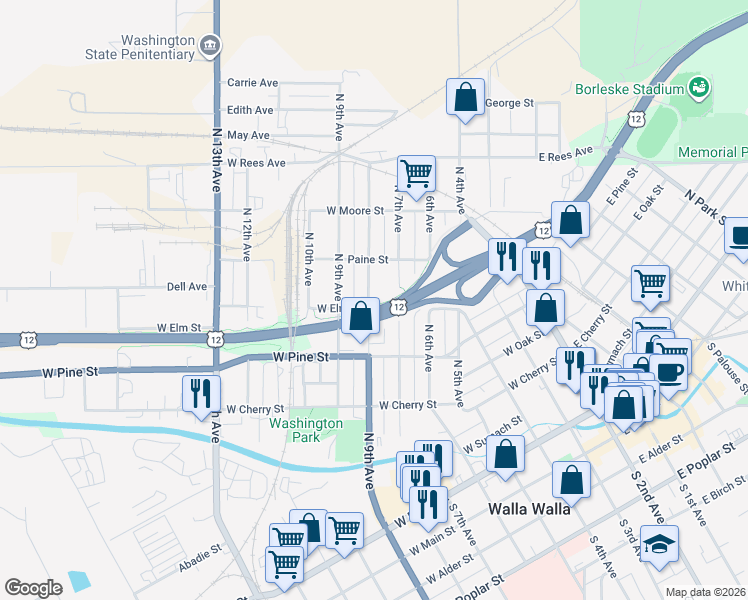 map of restaurants, bars, coffee shops, grocery stores, and more near 715 North 8th Avenue in Walla Walla