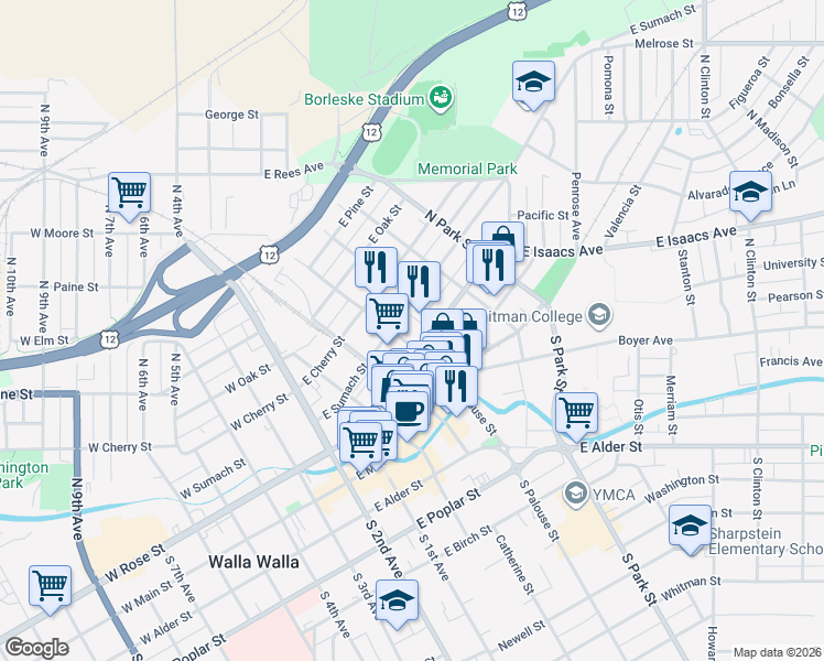 map of restaurants, bars, coffee shops, grocery stores, and more near 327 East Rose Street in Walla Walla