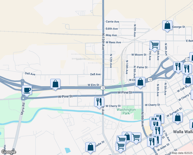 map of restaurants, bars, coffee shops, grocery stores, and more near 1117 Dell Avenue in Walla Walla