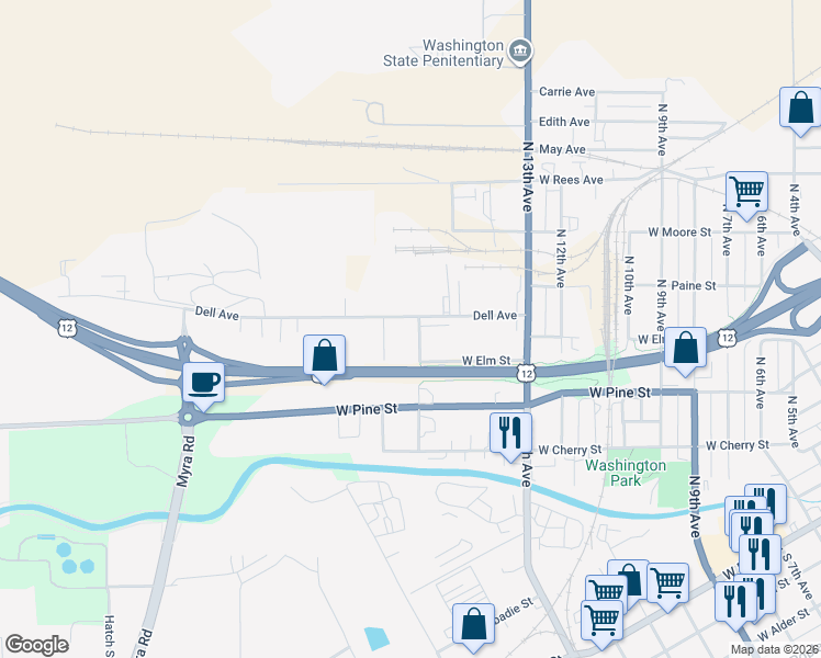 map of restaurants, bars, coffee shops, grocery stores, and more near 909 Bowman Street in Walla Walla