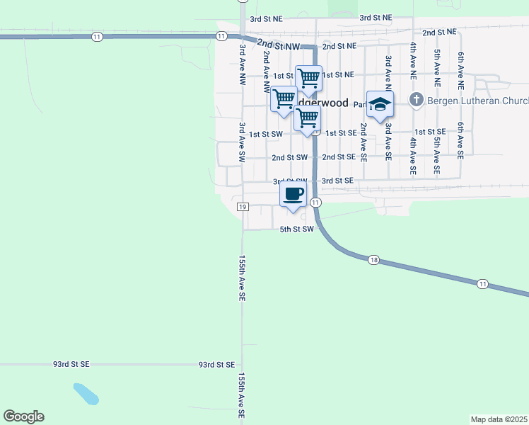 map of restaurants, bars, coffee shops, grocery stores, and more near 410 1st Avenue Southwest in Lidgerwood