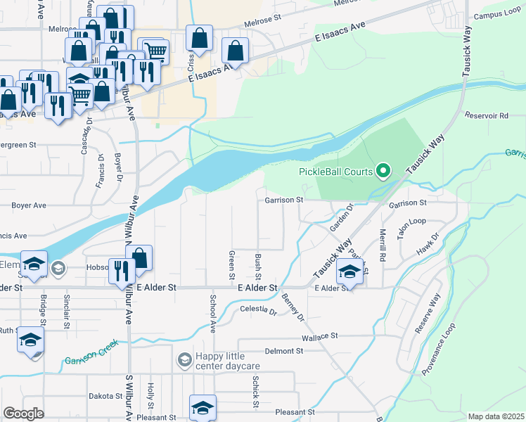 map of restaurants, bars, coffee shops, grocery stores, and more near 115 Bush Street in Walla Walla