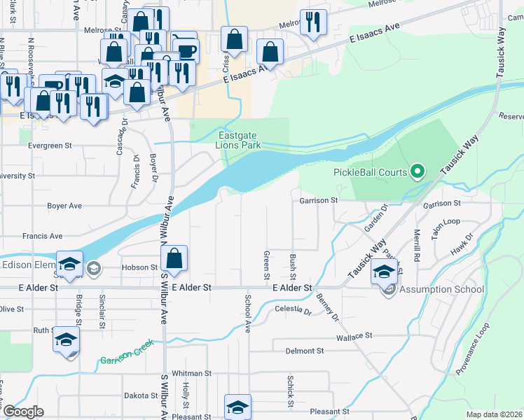 map of restaurants, bars, coffee shops, grocery stores, and more near 110 Green Street in Walla Walla