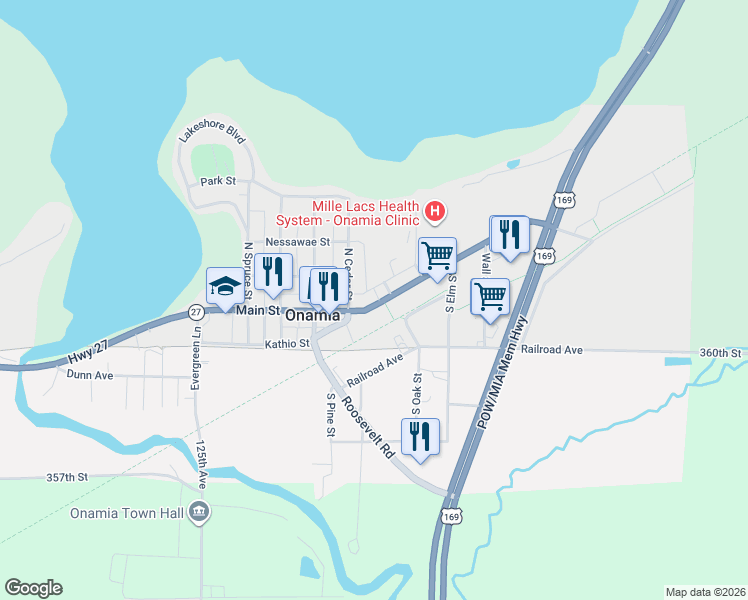 map of restaurants, bars, coffee shops, grocery stores, and more near 410 Main Street in Onamia