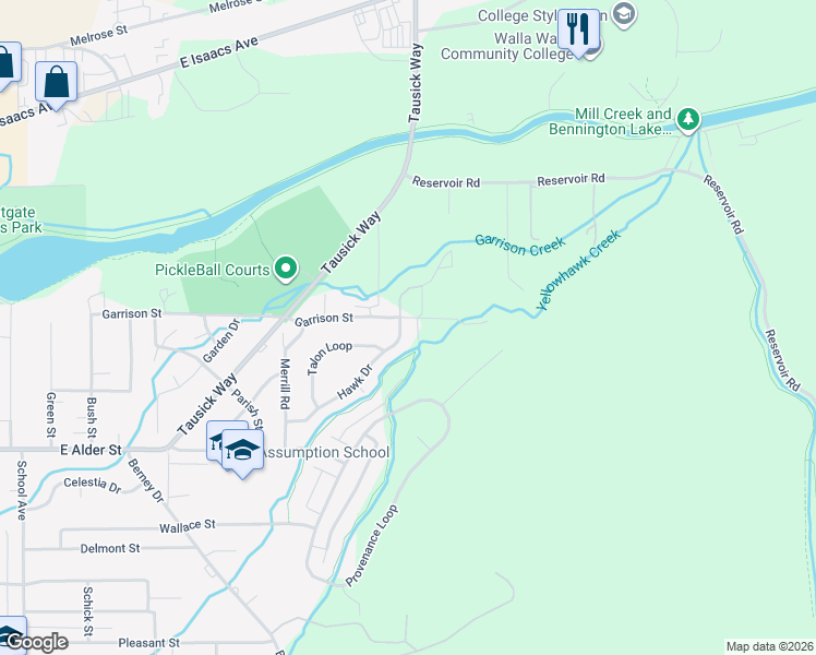 map of restaurants, bars, coffee shops, grocery stores, and more near 2354 Hawk Drive in Walla Walla