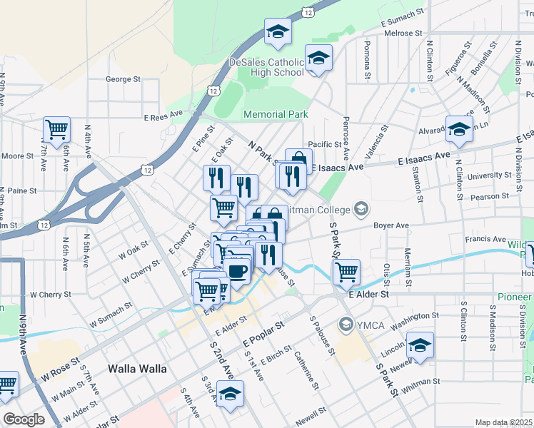 map of restaurants, bars, coffee shops, grocery stores, and more near 322 East Rose Street in Walla Walla