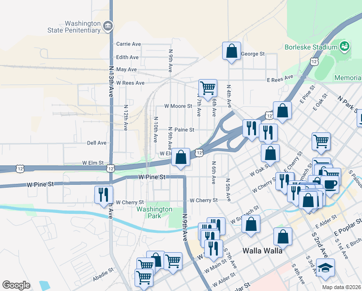 map of restaurants, bars, coffee shops, grocery stores, and more near 715 North 8th Avenue in Walla Walla