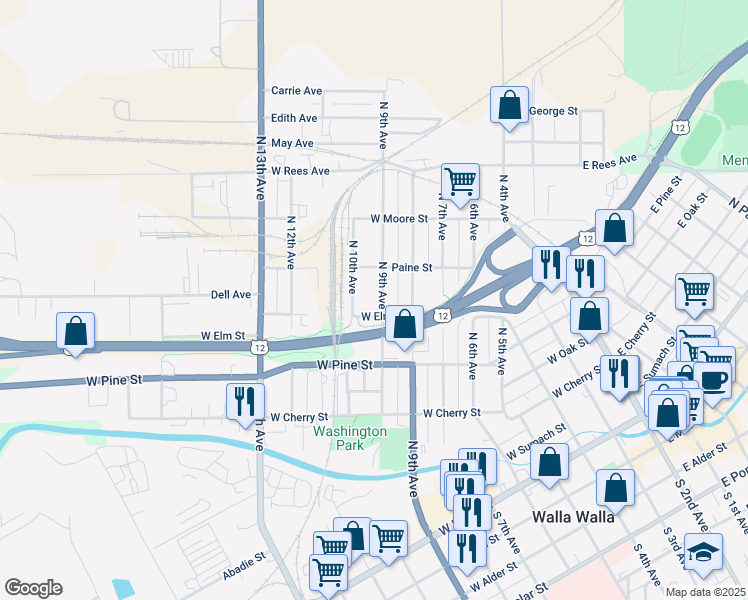 map of restaurants, bars, coffee shops, grocery stores, and more near 713 North 9th Avenue in Walla Walla