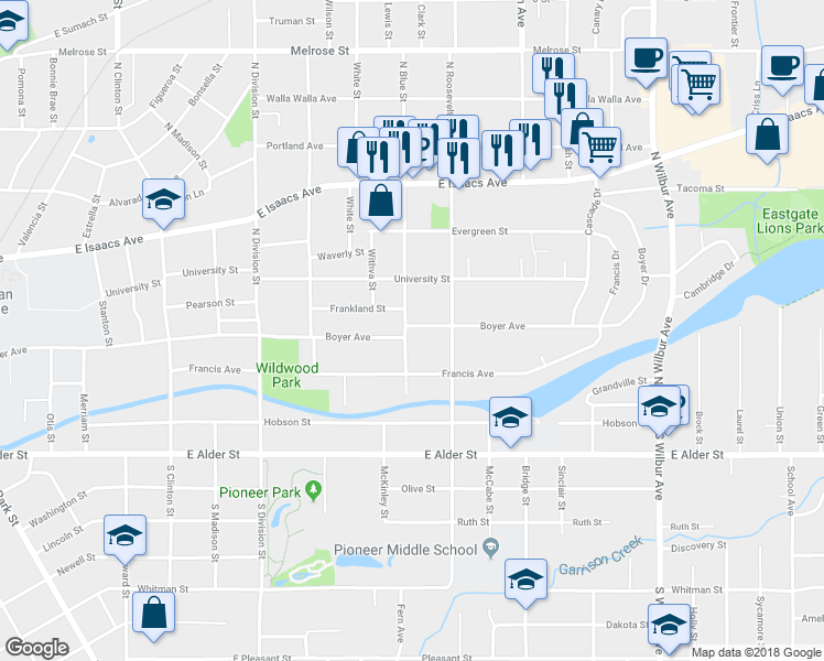 map of restaurants, bars, coffee shops, grocery stores, and more near 3 South Blue Street in Walla Walla