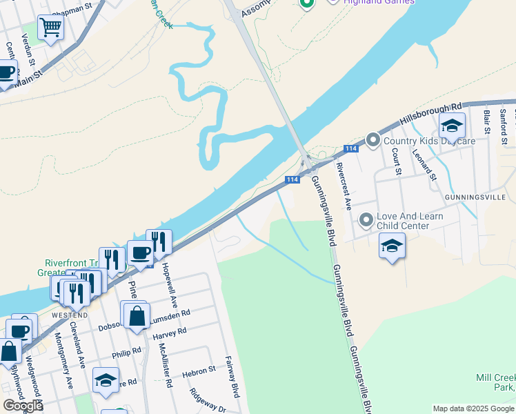 map of restaurants, bars, coffee shops, grocery stores, and more near 166 Coverdale Road in Riverview